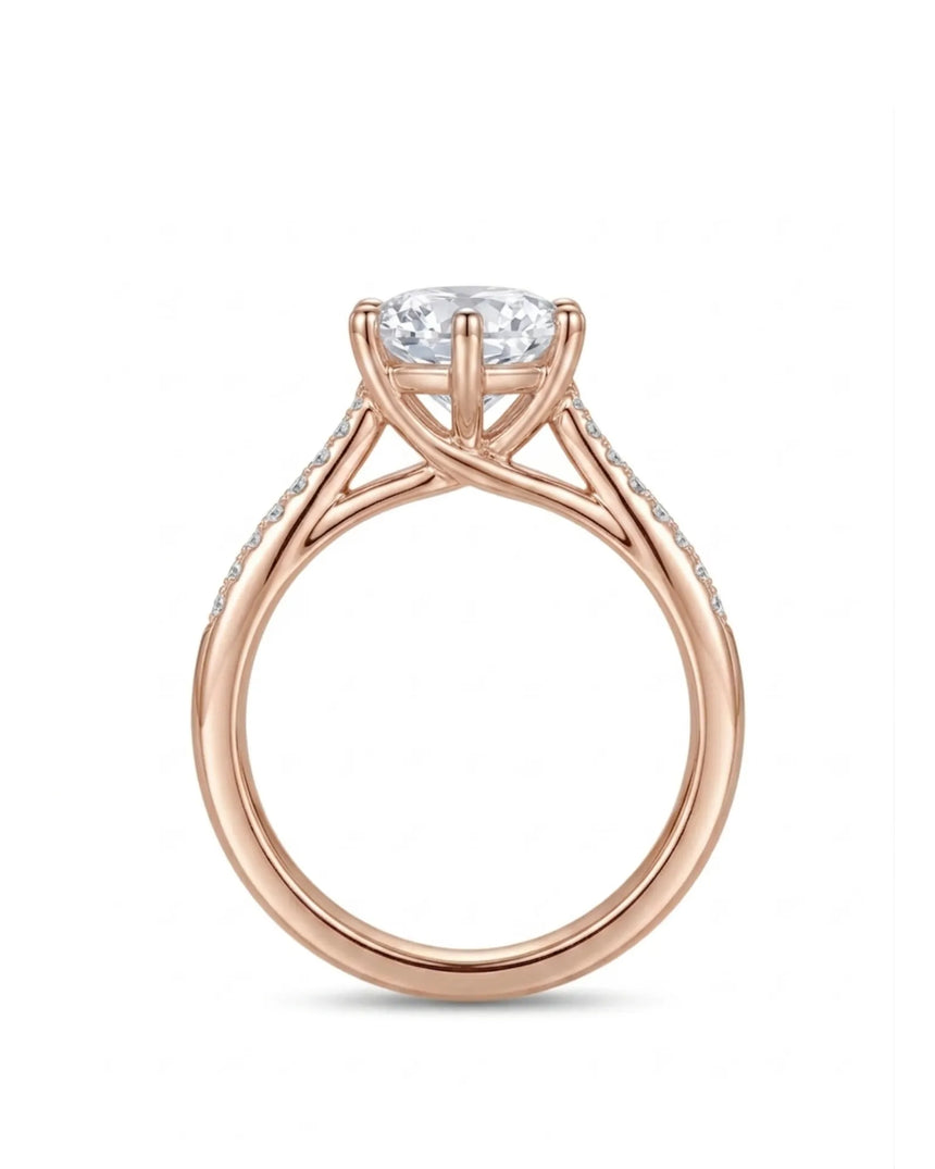 Elegant diamond engagement ring with pavé accents and romantic 18K rose gold finish | SARATTI
