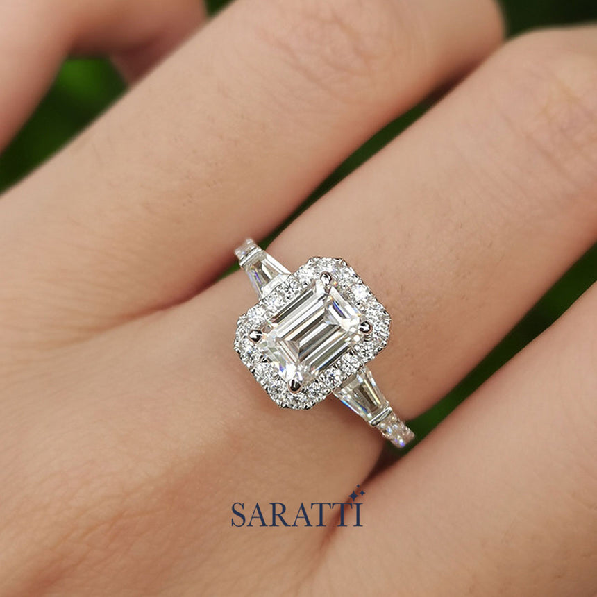 Emerald Cut Diamond Halo 3 Stone Ring | Saratti Jewelry