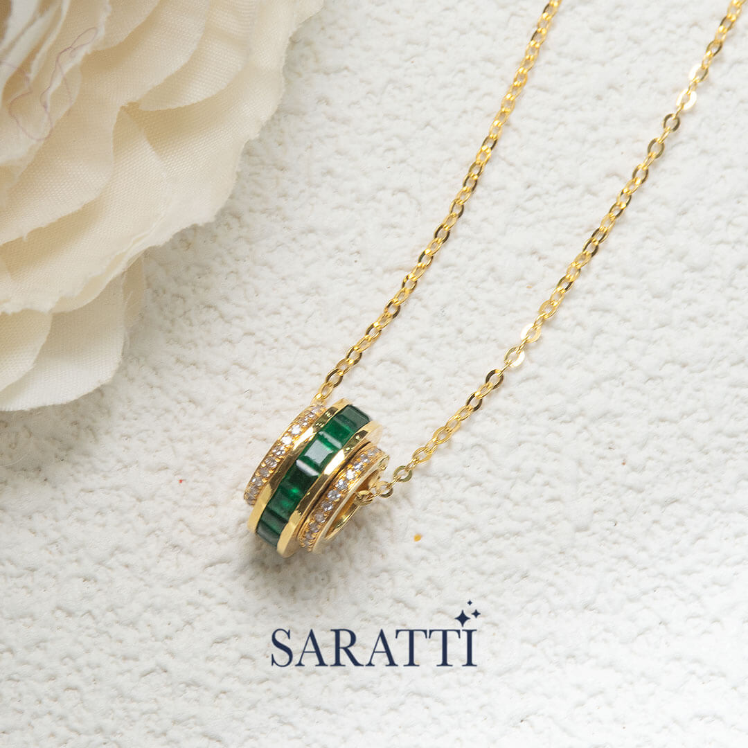 Diamond halo perspective | Roulette Verte Emerald Pendant Necklace | Saratti Fine Jewelry