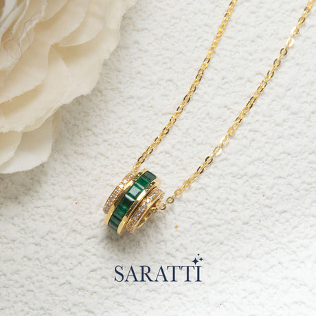 Diamond halo perspective | Roulette Verte Emerald Pendant Necklace | Saratti Fine Jewelry