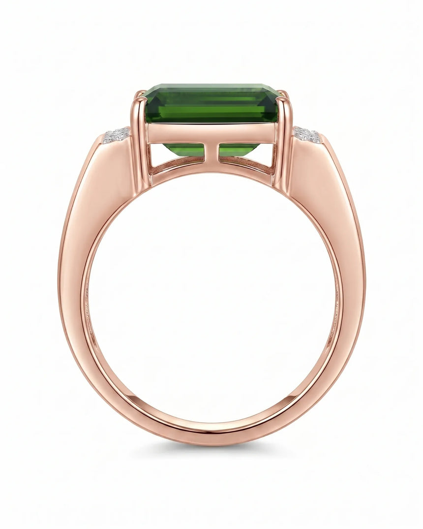 Emerald-cut green tourmaline ring with sparkling diamond accents in polished rose gold | SARATTI