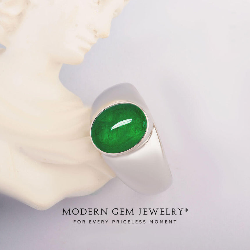 Mens emerald ring oval cabochon handcrafted design in platinum | SARATTI