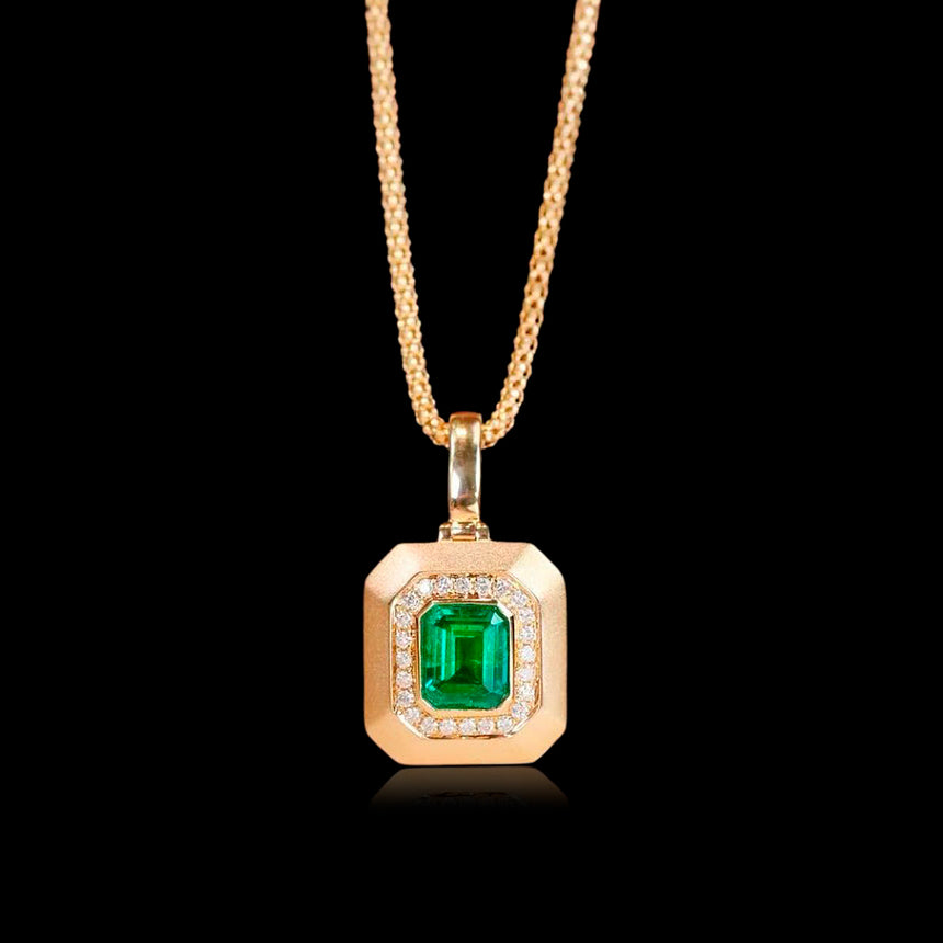 Royal Prism: Natural Emerald Diamond Halo Pendant in 18K Yellow Gold