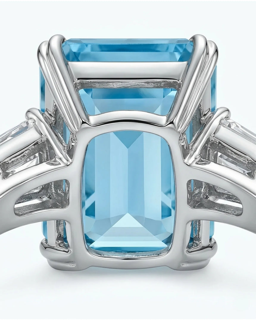 Emerald Cut Aquamarine Three Stone Ring White
