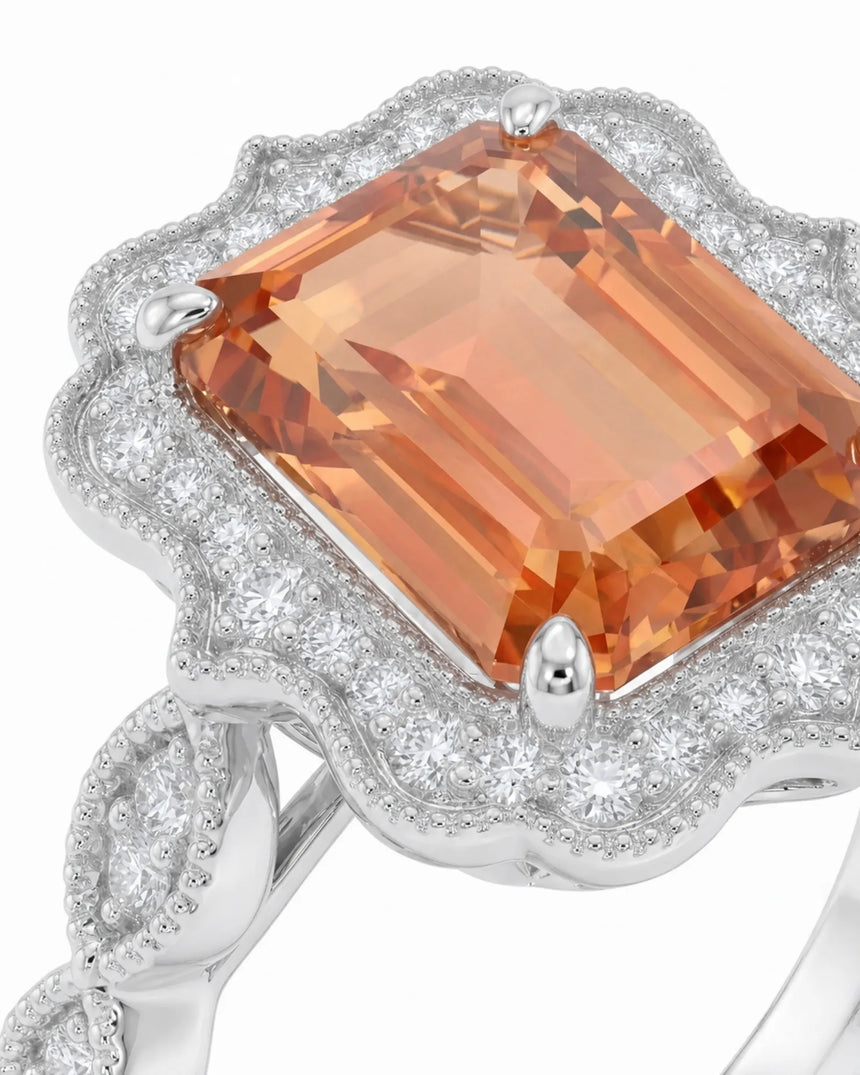 Emerald cut Natural Imperial Topaz diamond halo setting in 18K rose gold | SARATTI