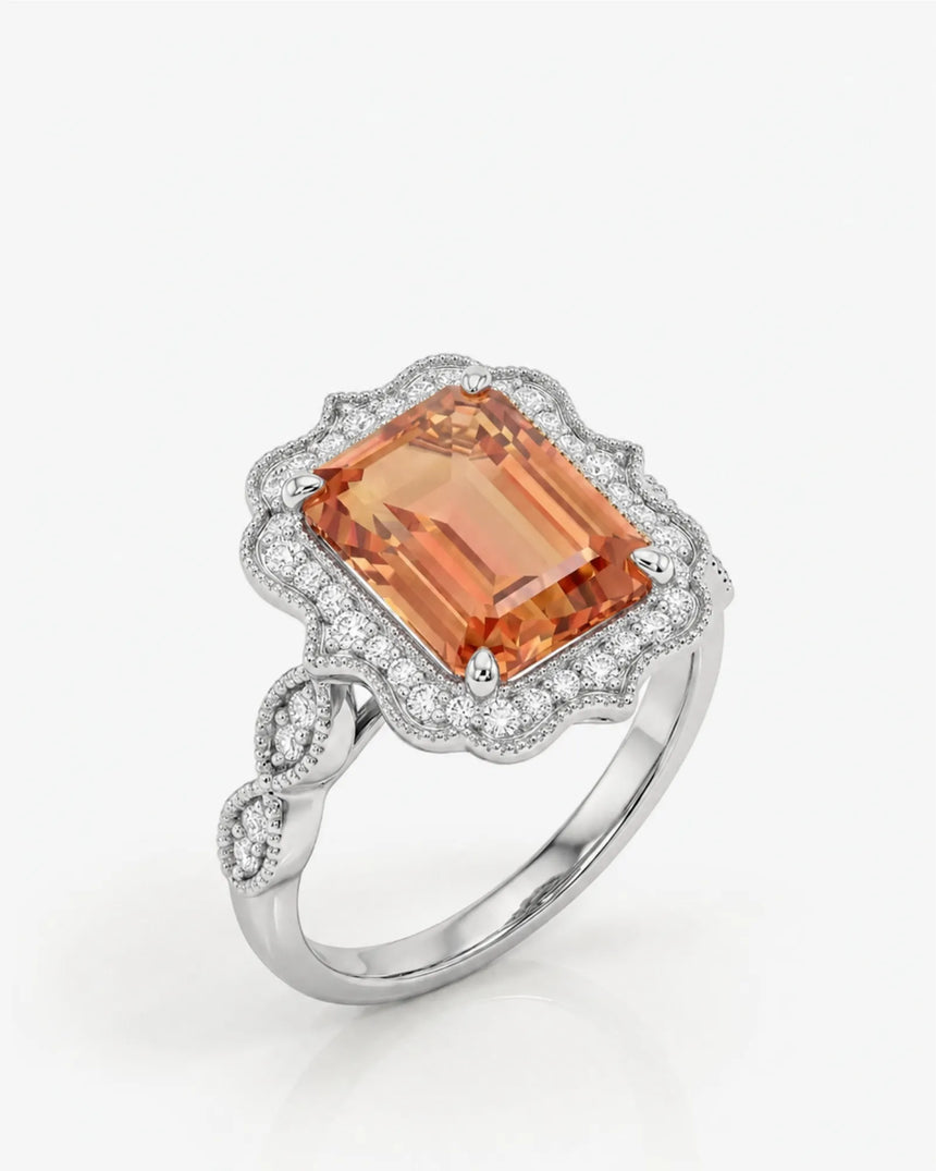 Emerald cut Natural Imperial Topaz diamond halo setting in platinum | SARATTI