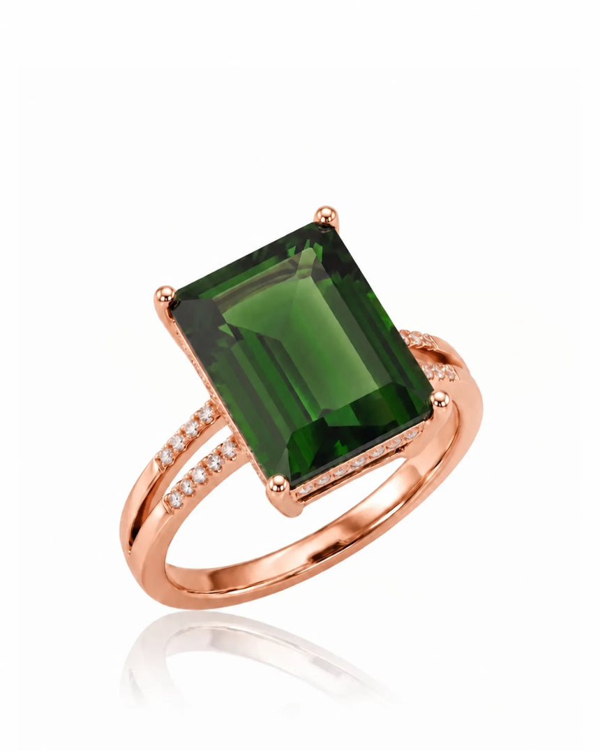 Emerald cut green tourmaline split shank ring with diamonds in 18K rose gold | SARATTI