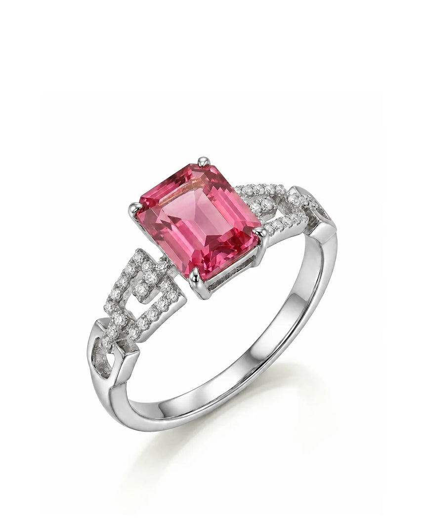 Emerald cut pink tourmaline engagement ring with diamond split shank in 18K white gold | SARATTI