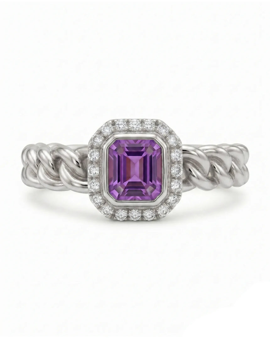 Emerald cut purple sapphire and diamond halo ring in Platinum | SARATTI