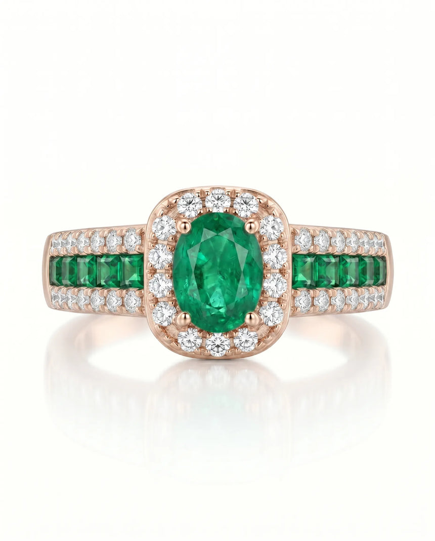 Emerald halo ring with demantoid garnets in 18K rose gold | SARATTI