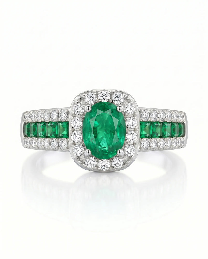 Emerald halo ring with demantoid garnets in 18K white gold | SARATTI