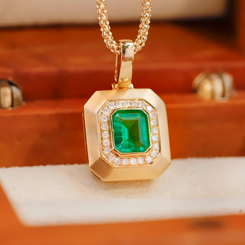 Royal Prism: Natural Emerald Diamond Halo Pendant in 18K Yellow Gold