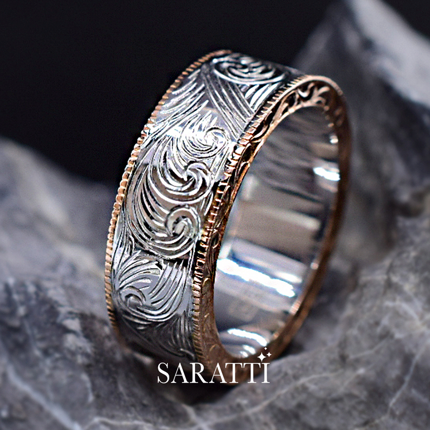 Engraved men’s wedding band aurelian scroll 18k rose and white gold milgrain edge | SARATTI
