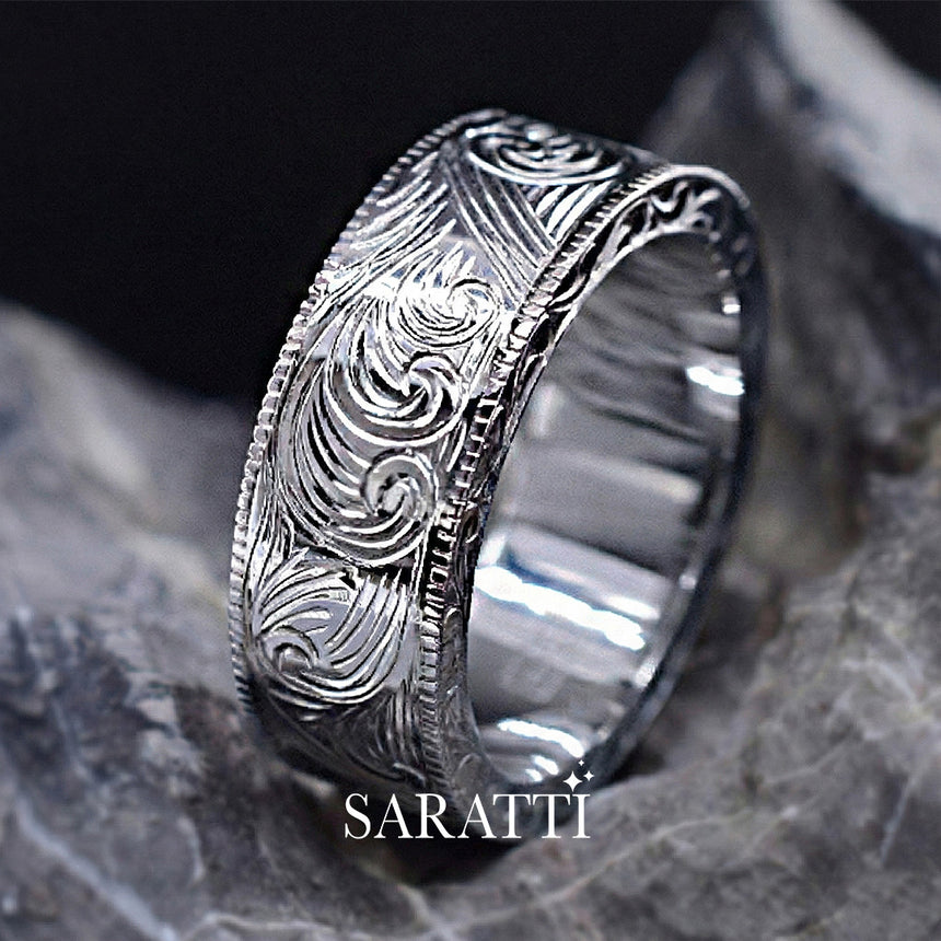 Engraved men’s wedding band aurelian scroll platinum milgrain edge | SARATTI