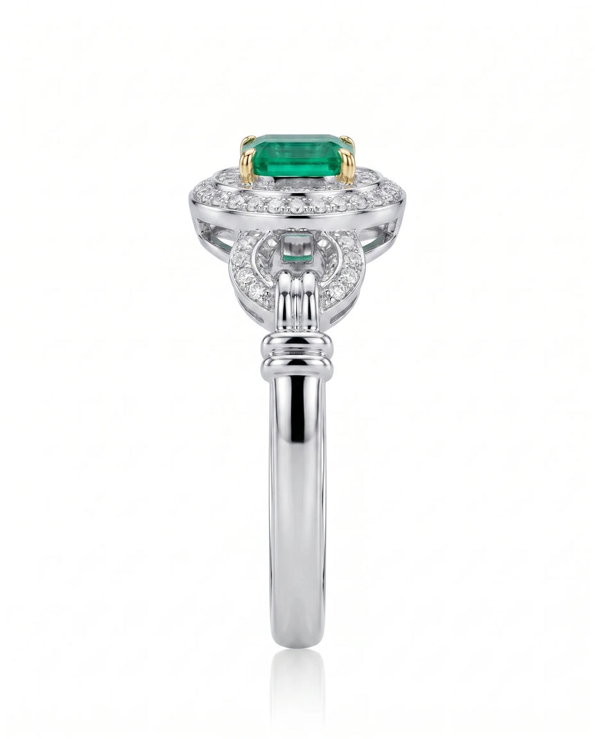 Eterna natural emerald halo ring in 18K White Gold | SARATTI