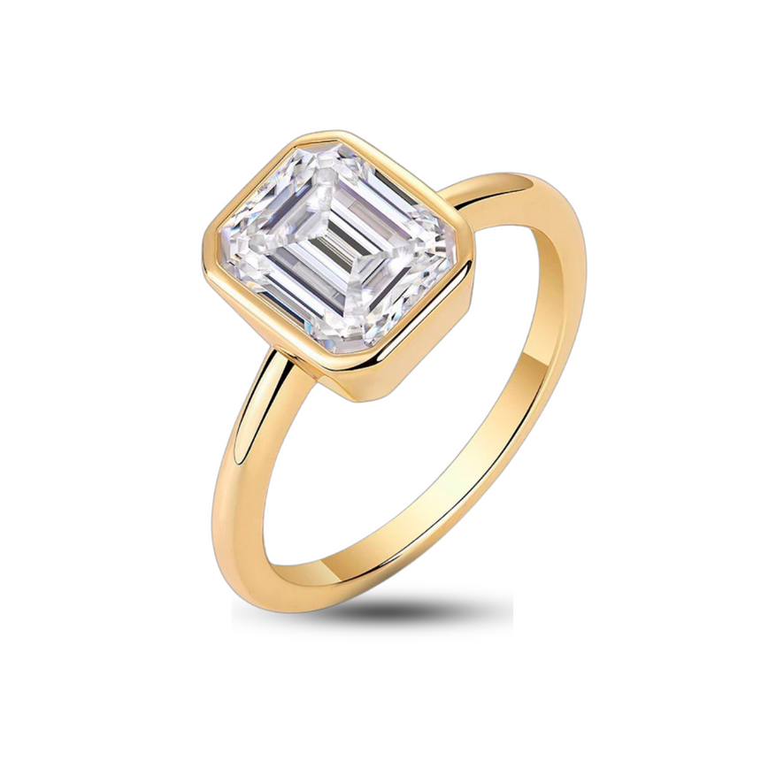 Golden Horizon: 2-Carat Natural Diamond Emerald Cut Bezel Ring