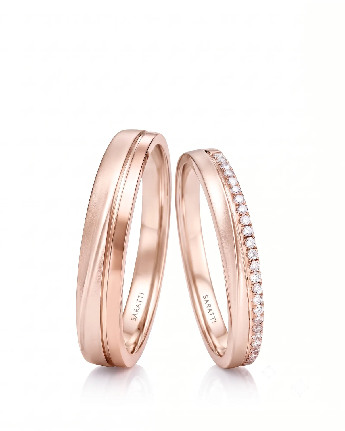 Eternal Waves his and hers wedding ring set with flowing polished design in 18K rose gold | SARATTI