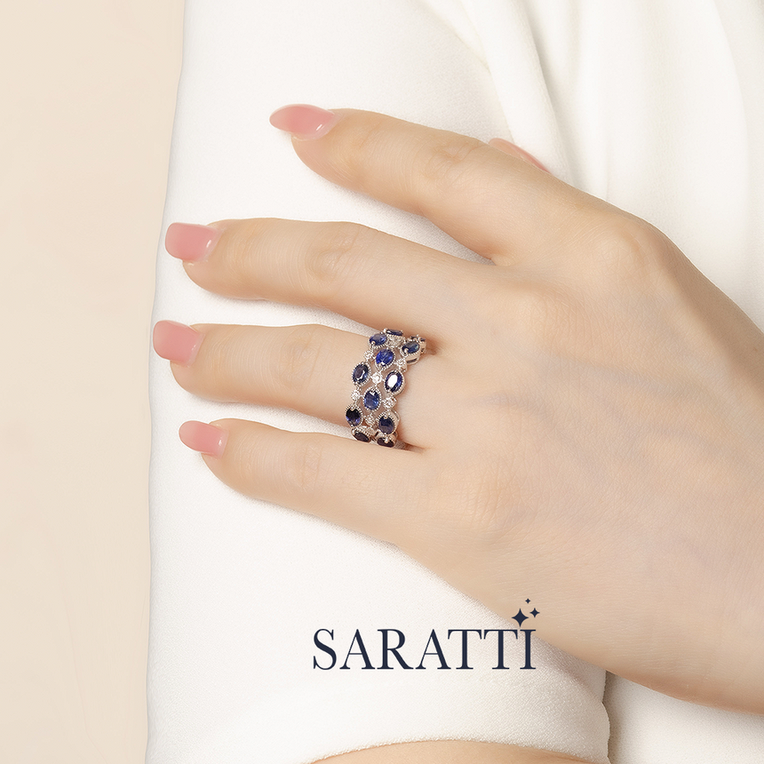 European style blue sapphire ring in 18K white gold | SARATTI