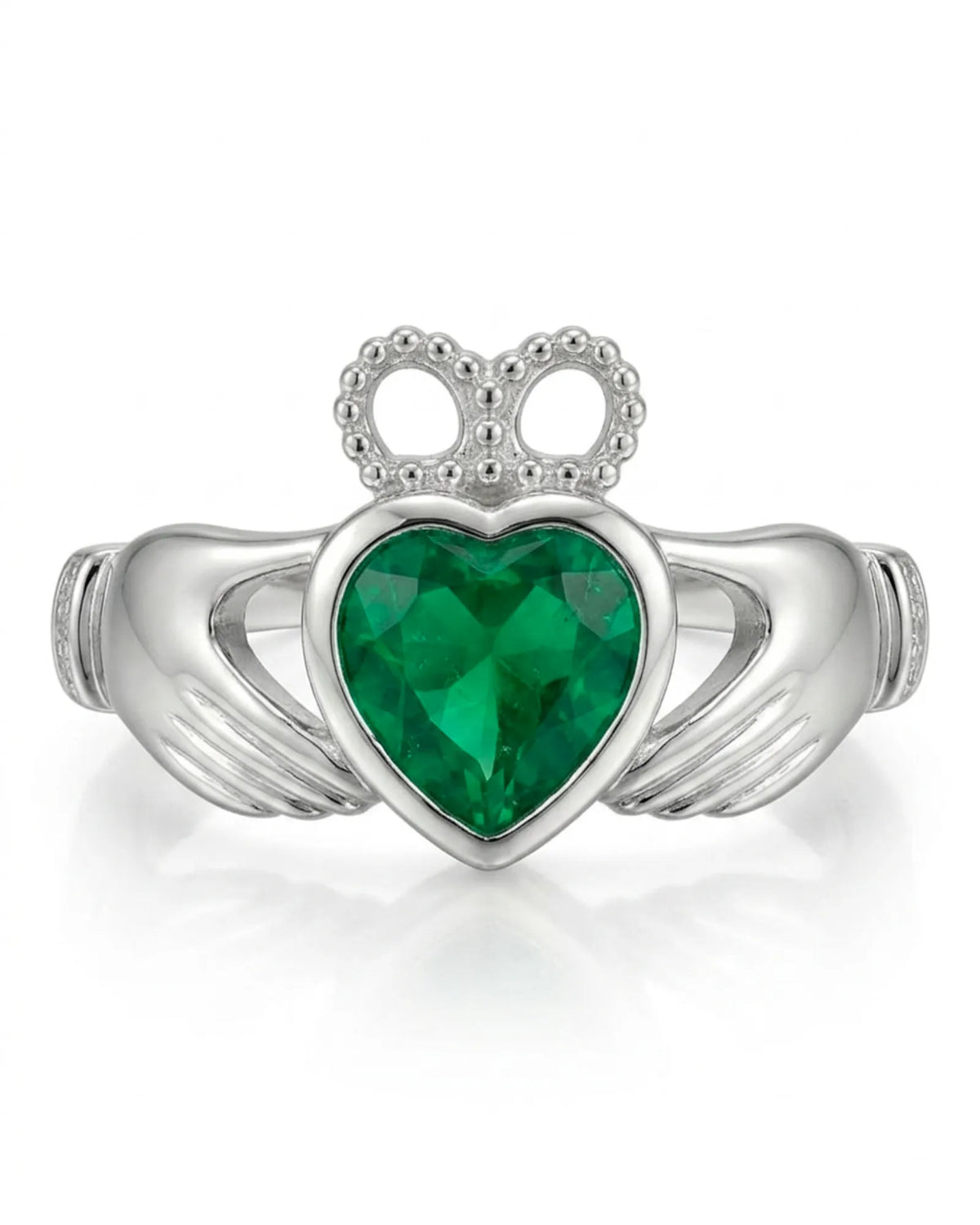 Coronet Heart Emerald Claddagh Ring — Platinum — Front