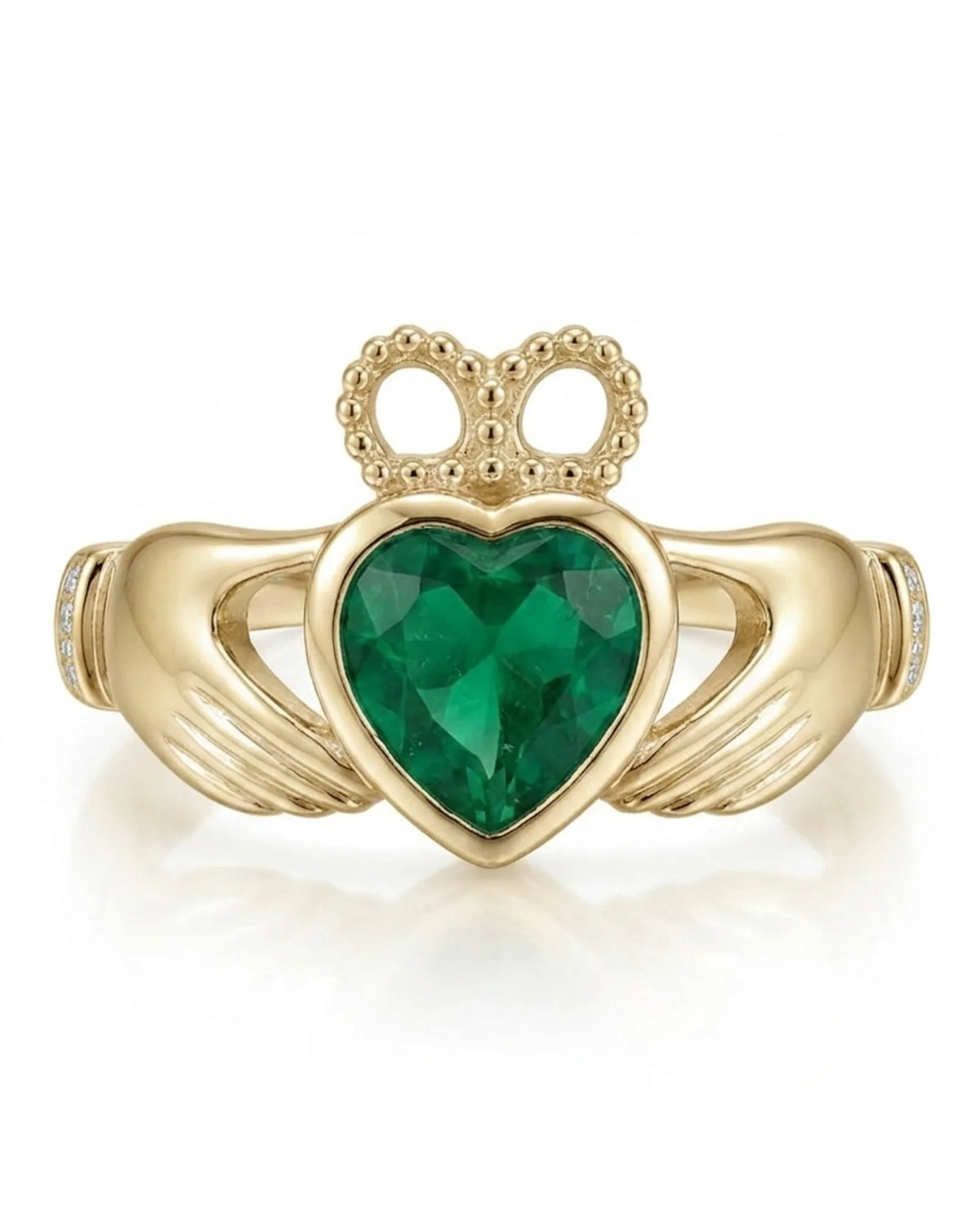 Coronet Heart Emerald Claddagh Ring — 18K Yellow Gold — Front