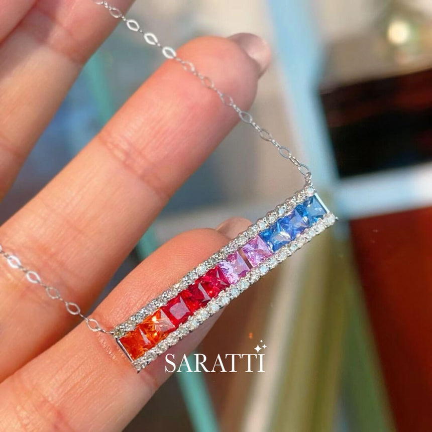 Model holds the Fantasia Zafiro Gold Sapphire Necklace | Saratti Jewelry