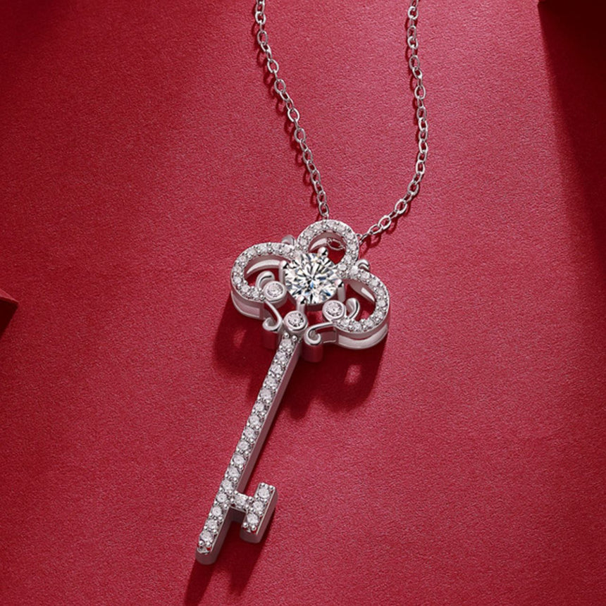 Royal Cipher: Moissanite Antique Key Pendant in Silver