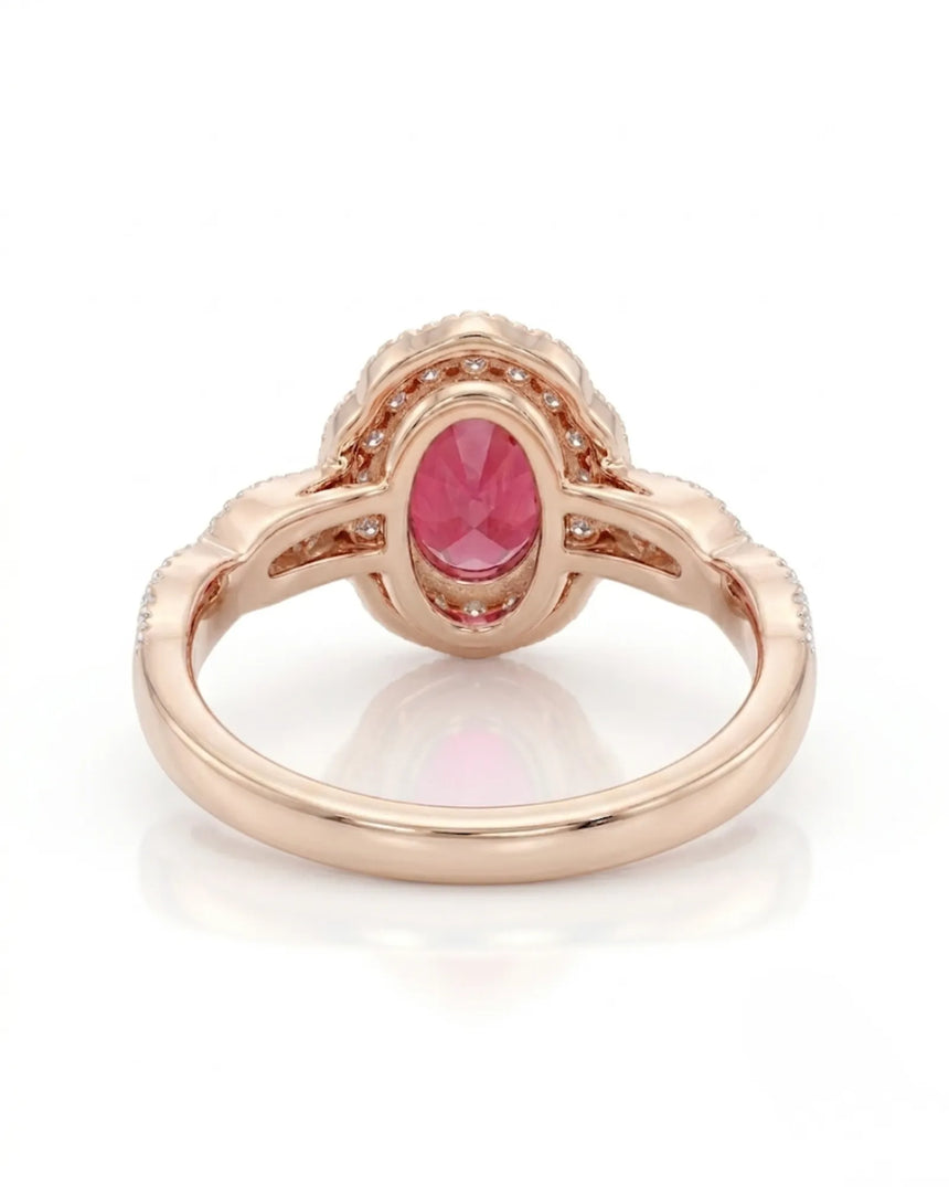 Fine ruby ring oval center diamond halo rose gold | SARATTI