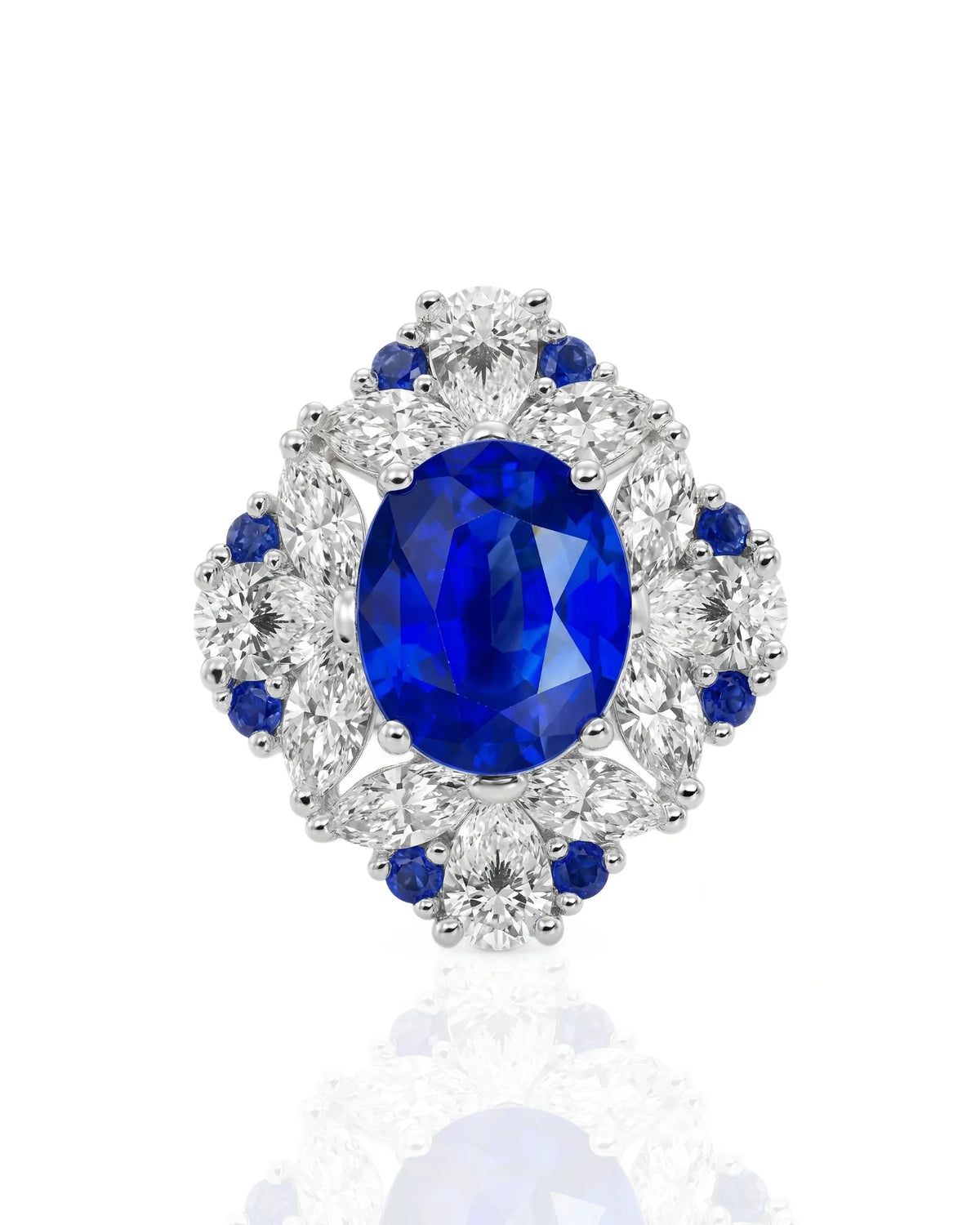 Five carat natural unheated sapphire ring with diamond accents in 18K white gold | SARATTI