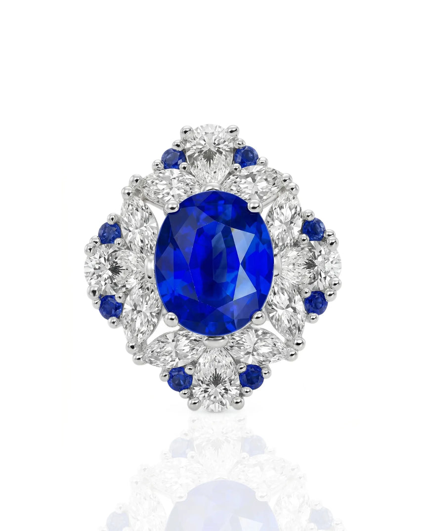 Five carat natural unheated sapphire ring with diamond accents in 18K white gold | SARATTI