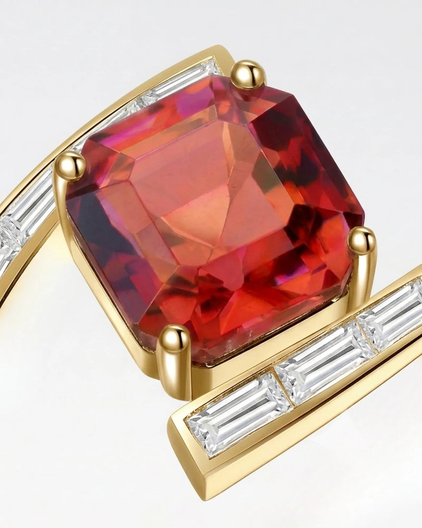 Floating bypass tourmaline ring with curved diamond shoulders in polished yellow gold | SARATTI