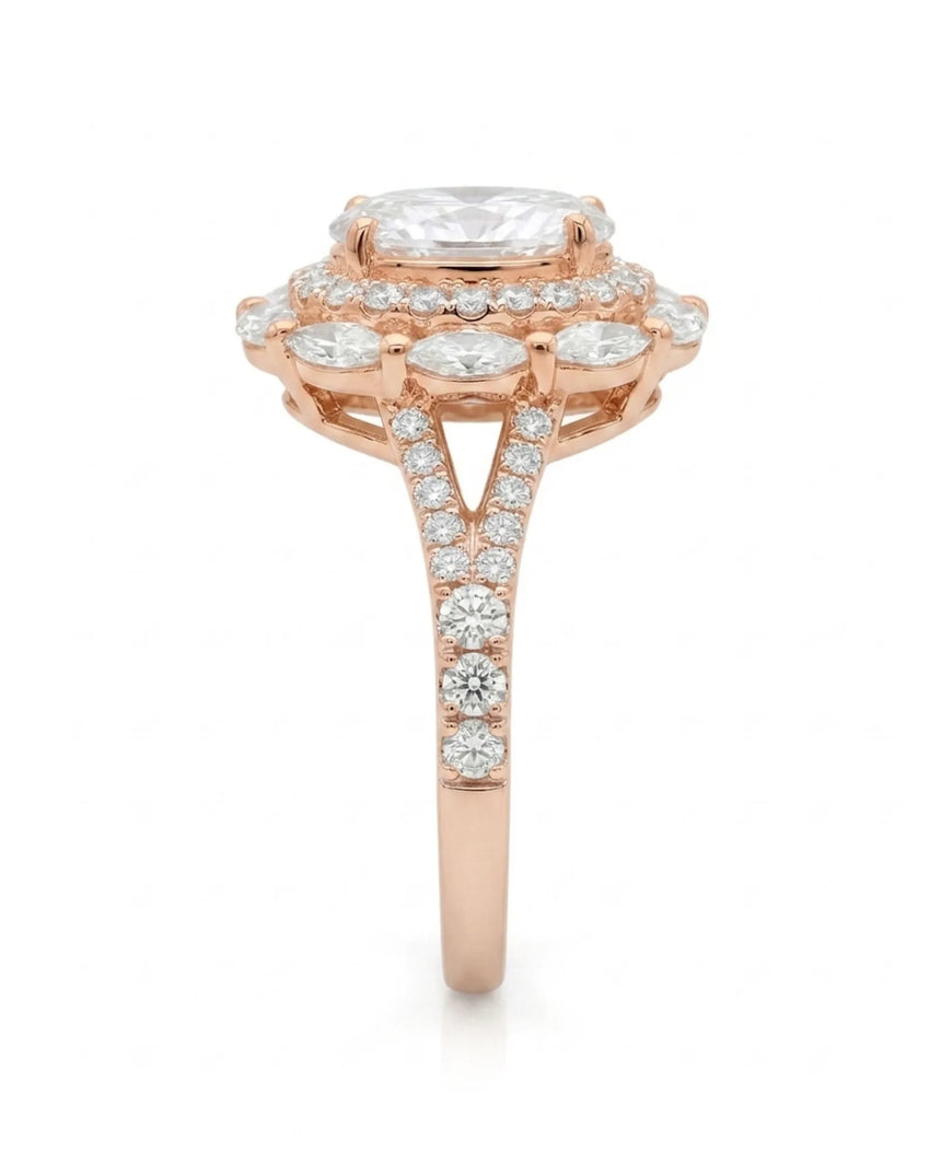 Floral oval moissanite ring with layered side stones and pavé split band in rose gold | SARATTI
