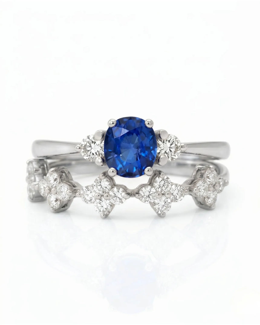 Floral sapphire wedding ring set with round diamond accents in 18K white gold | SARATTI
