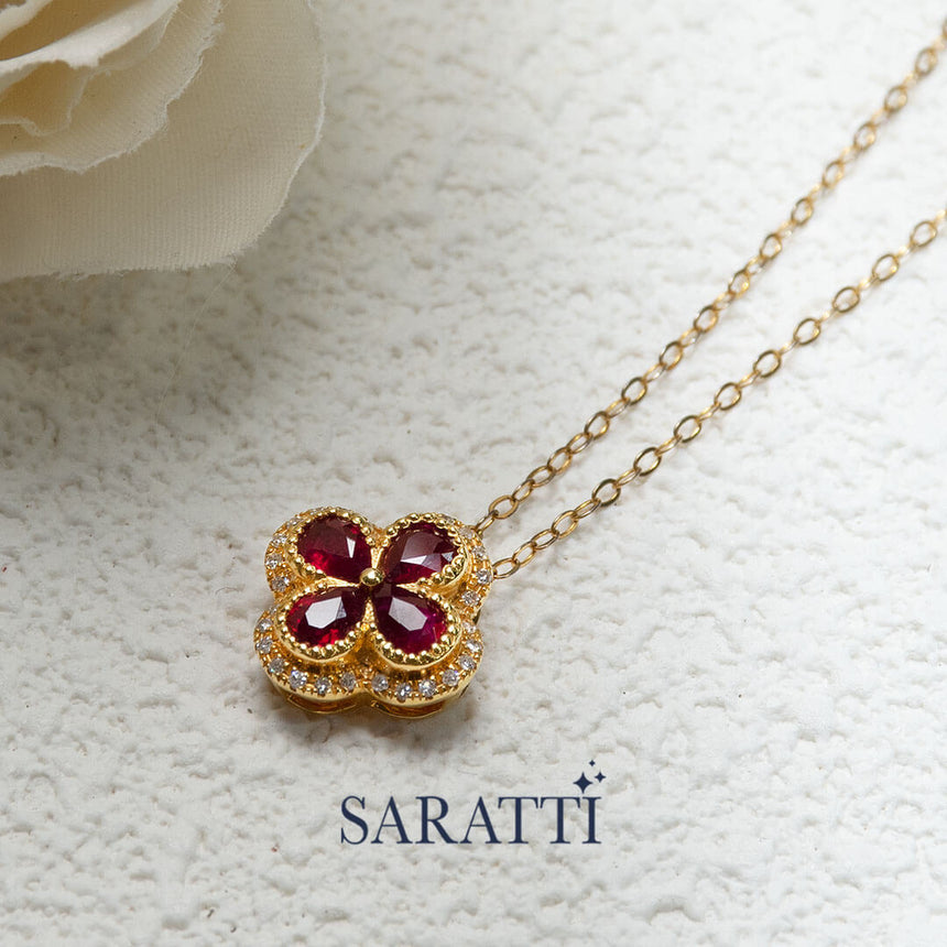 Yellow Gold Trébol Rojo Ruby Pendant Necklace | Saratti Fine Jewelry