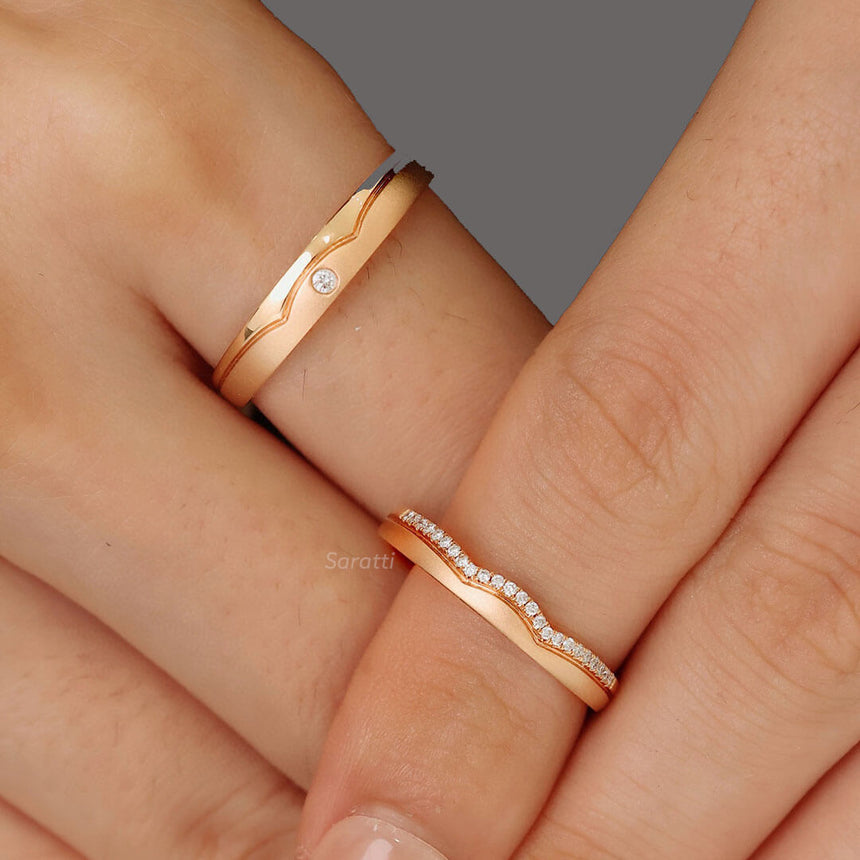Model wearing two tone 18K Rose Gold Half Eternity Diamond Band Wedding Set | Saratti