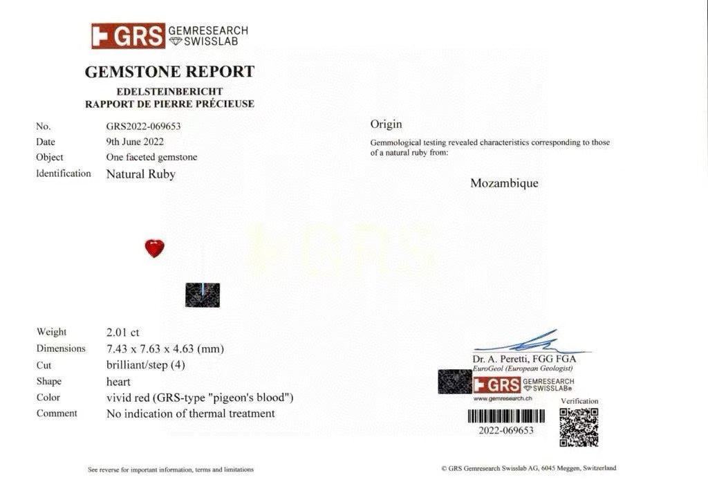 GRS Certificate For Heart Shaped Natural Ruby Gemstone | Saratti