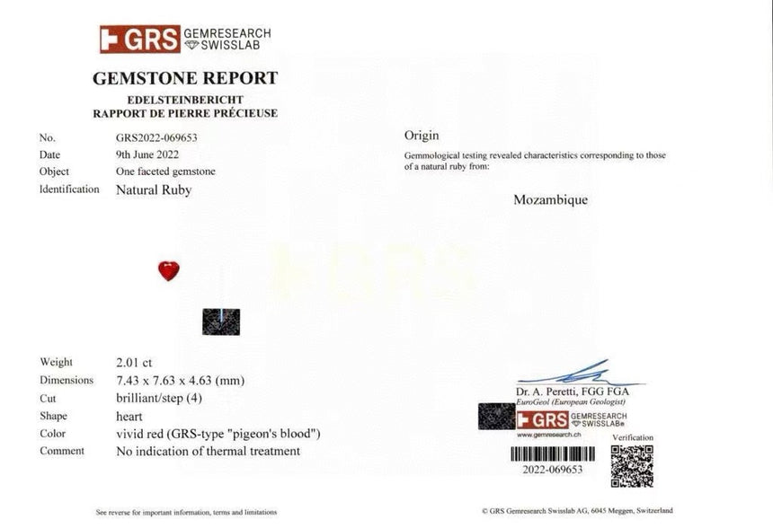 GRS Certificate For Heart Shaped Natural Ruby Gemstone | Saratti