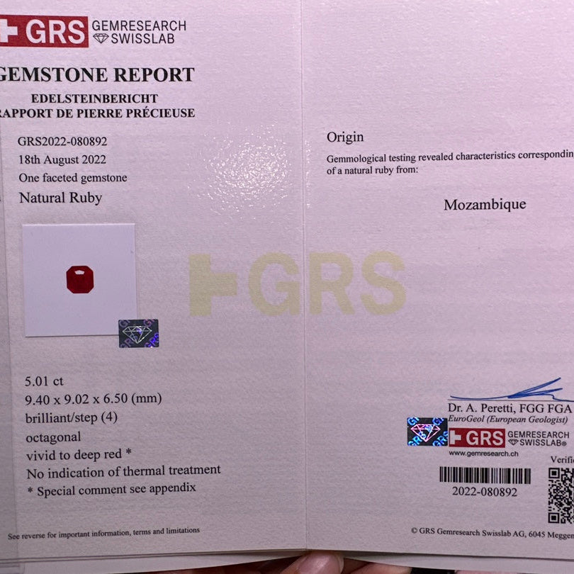 5.01-carat Octagonal Cut Natural Ruby | Unheated | GRS Certified