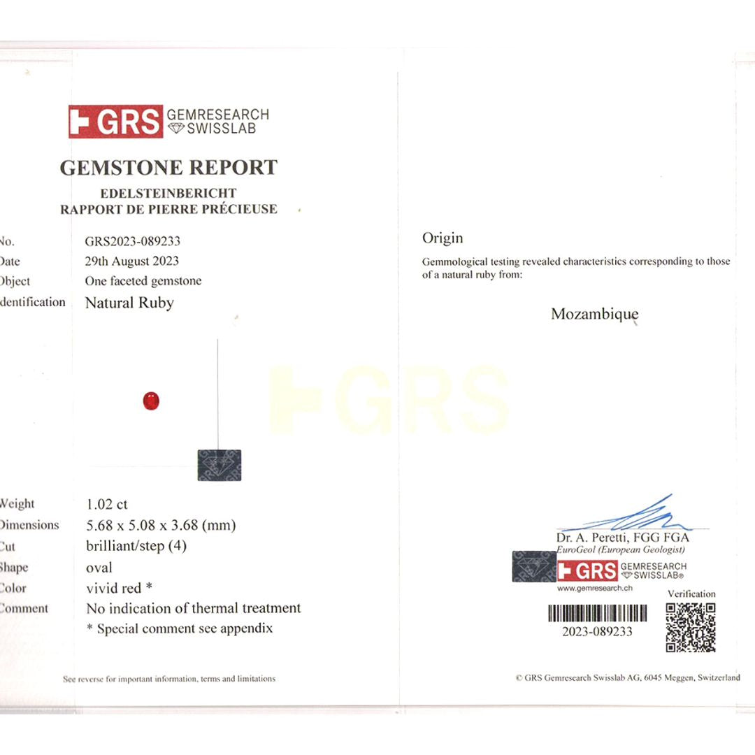 GRS Certificate for Oval Cut Ruby Gem | Saratti