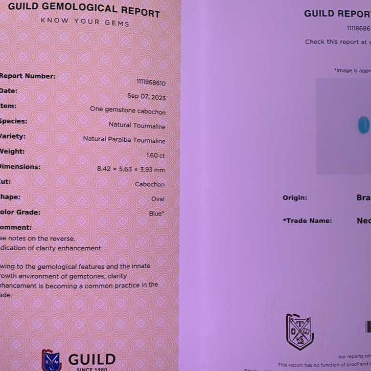 GUILD Certicate for 1.60cts Natural Paraiba Tourmaline | Saratti