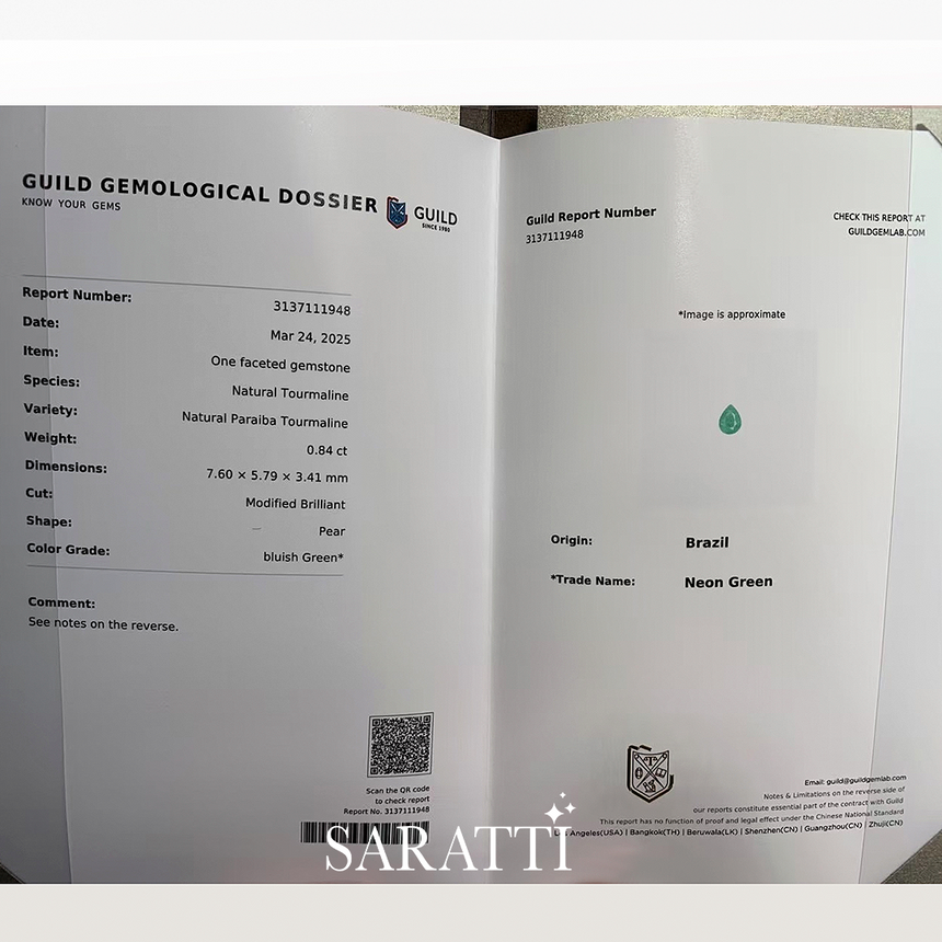 GUILD Paraiba Tourmaline Gemstone Certificate - SARATTI