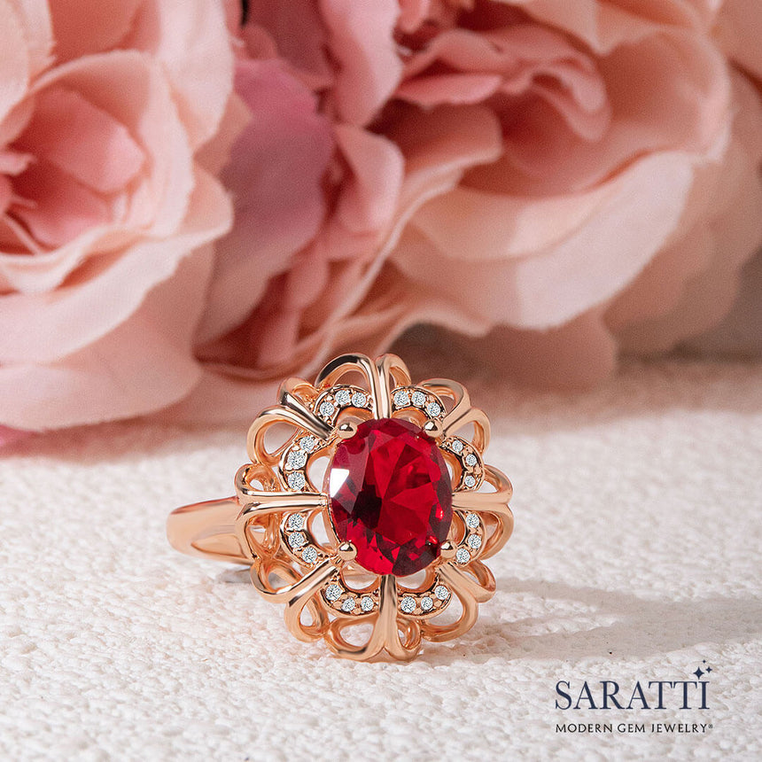 Side Shot of the Coronet Rouge Gold Garnet Ring | Saratti
