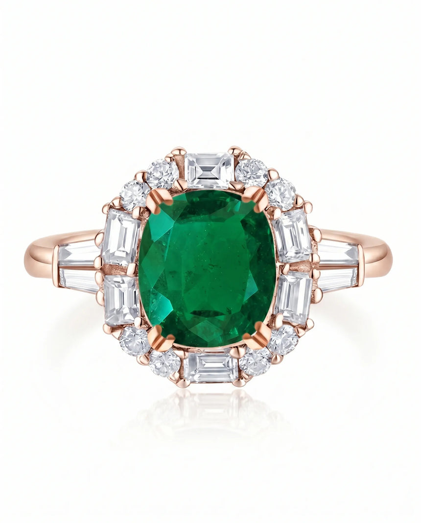Natural emerald halo ring in 18K rose gold | SARATTI