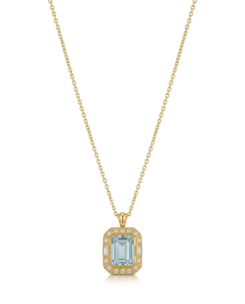 Emerald cut Aquamarine diamond accent necklace setting in White Gold front view | SARATTI