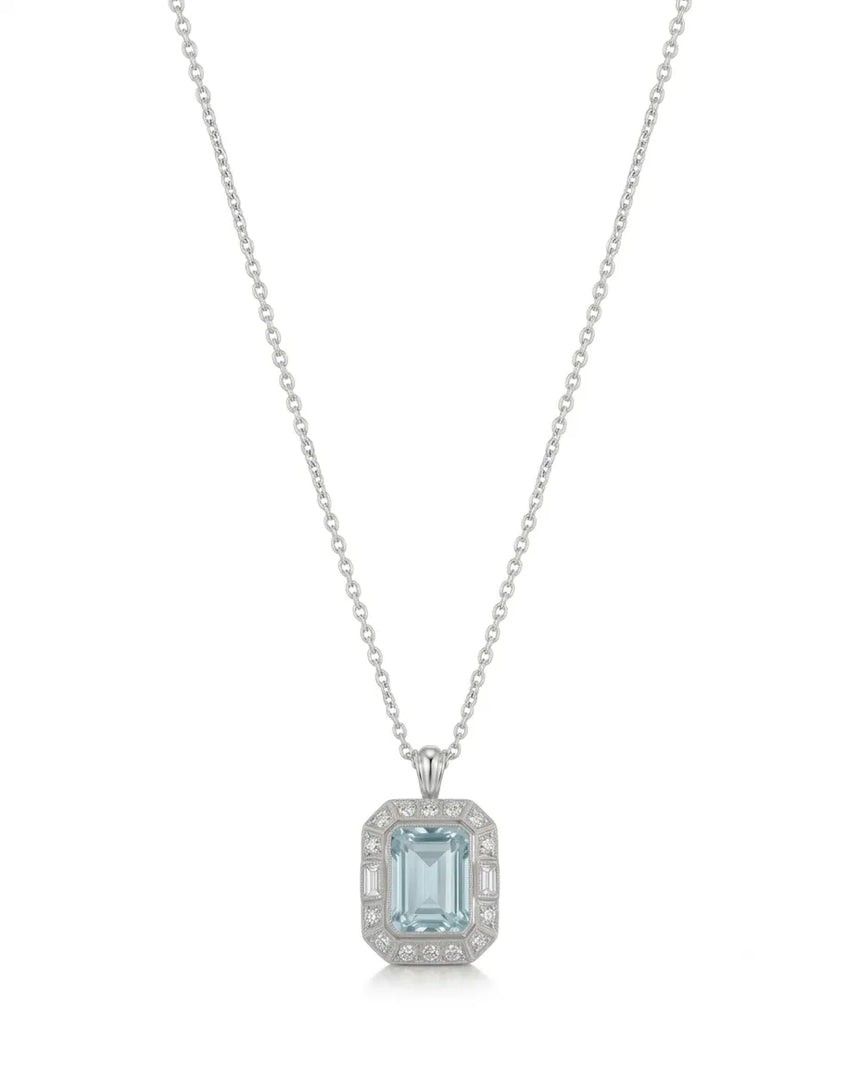 Emerald cut Aquamarine diamond accent necklace setting in Rose Gold front view | SARATTI