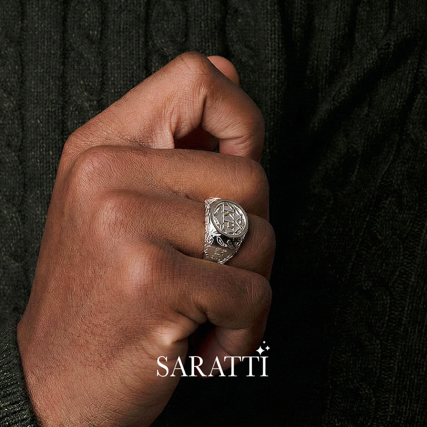 Mens initial ring personalized statement ring in 18K white gold | SARATTI