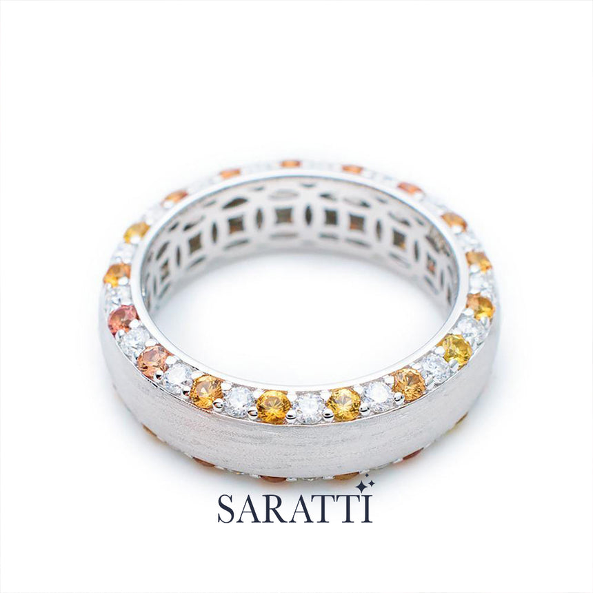 Mens sapphire wedding band orange sapphire and diamond edge detail in 18K white gold | SARATTI