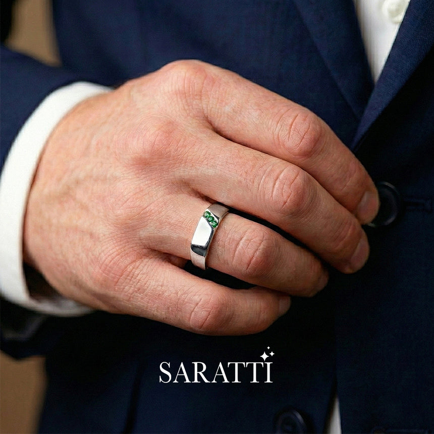 Mens emerald ring round emerald channel set detail in 18K white gold | SARATTI