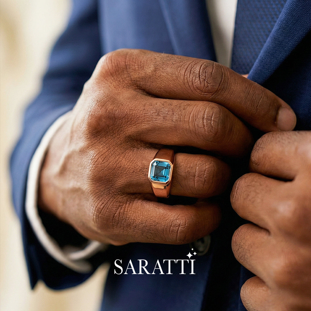 Mens blue topaz ring Asscher cut center stone detail in 18K rose gold | SARATTI