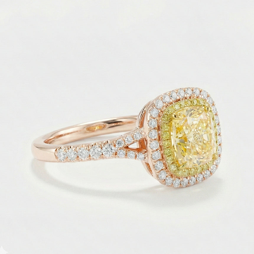 Cushion Fancy Yellow Split Shank diamond ring luxury handcrafted ring grey background angled view in 18K rose gold | SARATTI
