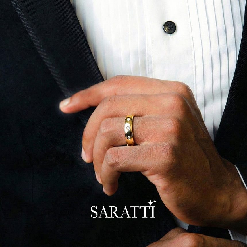 6mm mens wedding band with diamonds handcrafted ring in 18K yellow gold | SARATTI